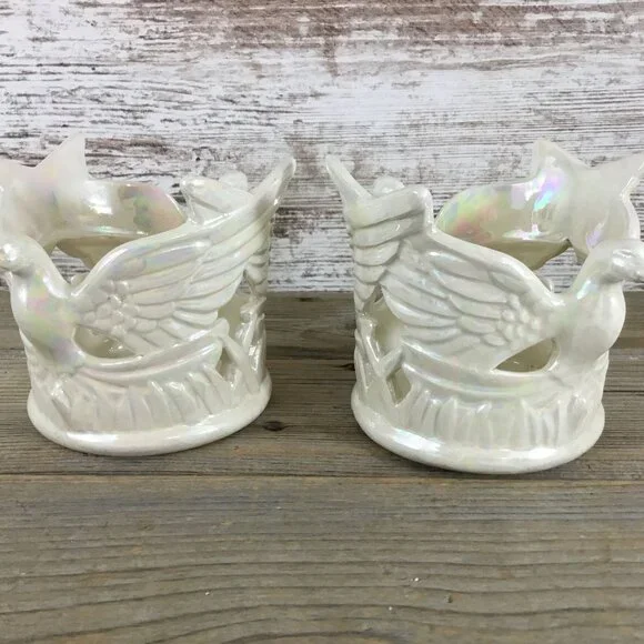 Set of 2 Ceramic Dove Bird & Star Votive Candle Holders Tall Pearl Iridescent - Picture 6 of 13
